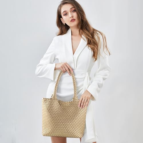 Hand Woven Bag Tote BagS For Women Top Handle Shoulder Vegan Leather Large Travel Beach Hobo Handbag - color: Gold