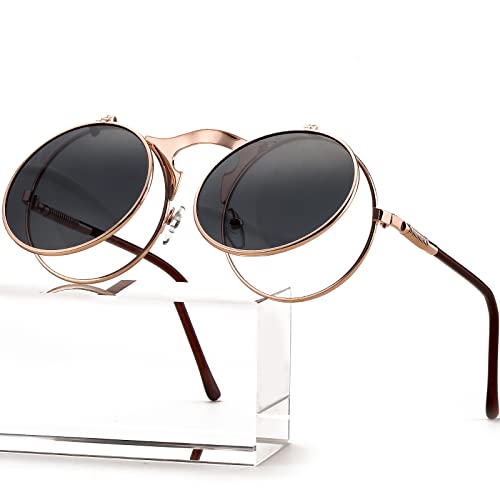 AIEYEZO Round Flip Up Sunglasses for Men and Women Rave Flip Glasses 90's Retro Steampunk Style - color: A3 Rose Gold/Grey