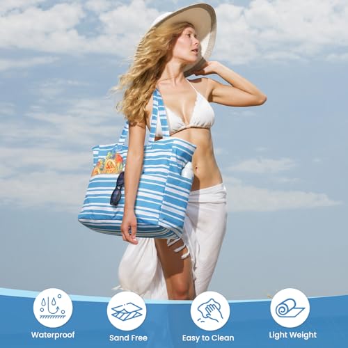 Trifabricy Beach Bags for Women Waterproof Sandproof Women Tote Bag, Large Beach Bag with Zipper for Gym Travel Vocation - color: Haze Blue