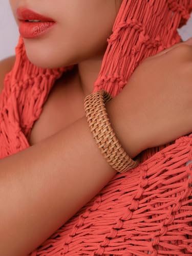 MINACHI Rattan Bracelet for Women, Handmade Lightweight Straw Wicker Braid Cuff Bangle, Adjustable Bohemian Woven Chunky Wrist Jewelry