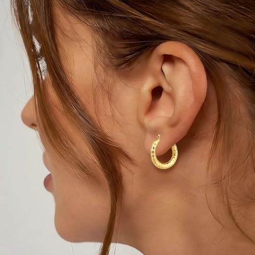 Gold Plated Hoop Earrings for Women 14K Gold Plated Earrings for Women Hypoallergenic Lightweight Wrinkle Texture Earrings Womens 20mm/25mm/30mm - size: 20mm