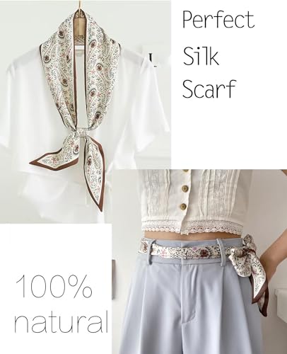 kcctoo 59” Long Silk Like Head Scarf Women's Fashion Square Neck Satin Scarfs for Bag Hair Scarves Gift 59 * 5.9” - color: D1 Coffee Flower Drop Shaped 59" X 5.9"