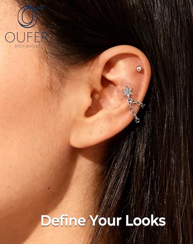 OUFER 16G Chain Cartilage Piercing Jewelry-316L Surgical Steel Gold Flat Back Push Pin Helix Earring, Star Clear CZ Double Chain Lobe Piercing Jewelry - style: Flower-Silver