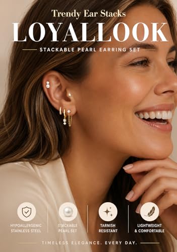 LOYALLOOK Hypoallergenic Flat Back Stud Hoop Earrings for Women, 14K Gold Plated Surgical Steel Earring Stacks Set for Sensitive Ears, Dainty Dangle Chain Silver Cartilage Earring Trendy Piercing Jewelry - color: Gold-pearl
