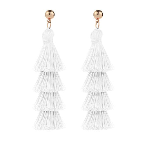 BaubleStar Tassel Earrings Handmade Tiered Thread Tassel Dangle Earrings, Multi Colors - color: White