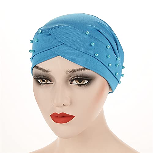 Women Beaded Silky Beanie, Pre-Tied Turban Head Wrap Cap for Chemo Chemical Cancer Hair Loss Cover Hat - color: Lake Blue