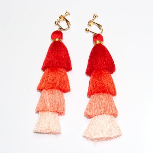 Clip on Earrings, Lightweight Colorful Layered Tassel Bohemian Statement Tiered Big Dangle Drop Earrings for Women, Non Pierced, Boho Jewelry - color: Dark Red