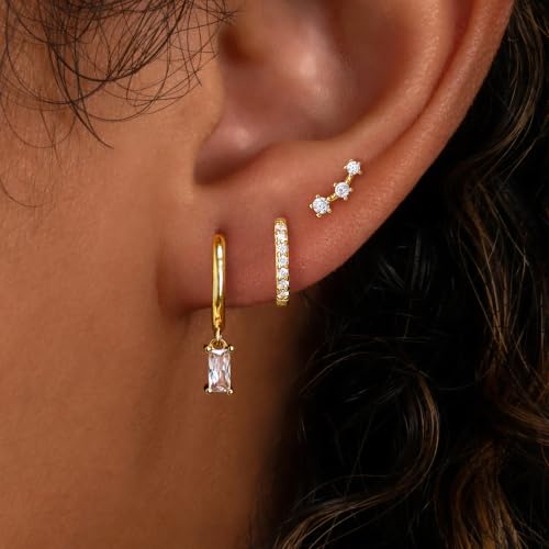 Poxtex Small Sterling Silver Huggie Hoop Earrings Set for Women, Hypoallergenic 14K Gold Plated Hoops Stacks for Multiple Piercings, Dainty Cute Mini Lightweight Cartilage Studs Trendy Jewelry Gift - color: Gold-dangle climber