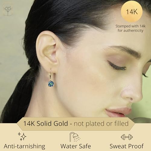 14k White or Yellow Gold Cushion Cut Gemstone Dangle Earrings for Women with 8mm Birthstones by MAX + STONE - color: London Blue Topaz