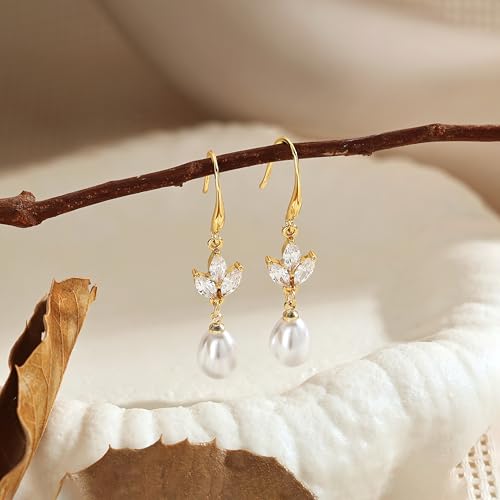 Gold Plated Freshwater Pearl Dainty Earrings for Women Dangle Formal 14K Plated Drop Heart Earrings Prom Wedding Long Hypoallergenic Trendy Jewelry Gifts