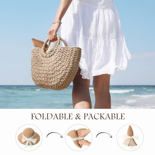 Beach Hats for Women, Sun Straw Hat for Women, UPF 50+ UV Sun Protection Sun Hat Womens, Foldable Floppy Sun Hat - color: G-khaki