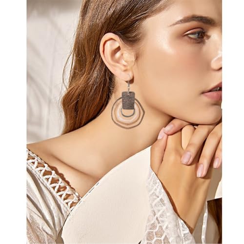Wooden Geometry Circle Earrings for Women Bohemian Vintage Lightweight Wood Dangle Earrings Handmade Multilayer Earrings
