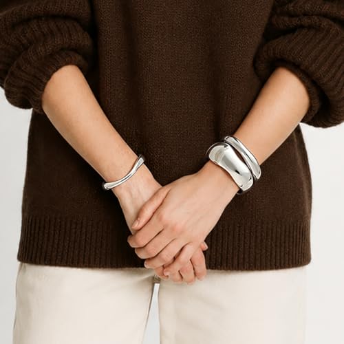Chunky Gold Bangle Bracelets for Women Trendy 14K Gold Plated Cuff Bracelets Stack, Dainty Gold Bracelet Sets Non Tarnish Fashion Jewelry Gift - style: Silver-3pc-010