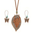 Wooden Leather Necklaces Set Bohemian Wood Stack Discs Long Chain Hemp Rope Bronze Plated Pendant Ethnic Tribal Fall Leaf Earrings Jewelry Statement Necklace - color: R-030