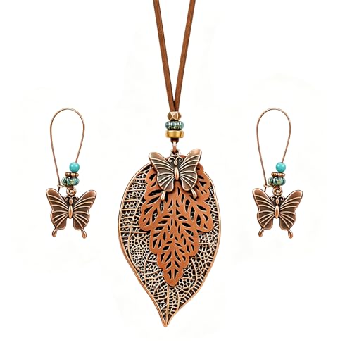 Wooden Leather Necklaces Set Bohemian Wood Stack Discs Long Chain Hemp Rope Bronze Plated Pendant Ethnic Tribal Fall Leaf Earrings Jewelry Statement Necklace - color: R-030