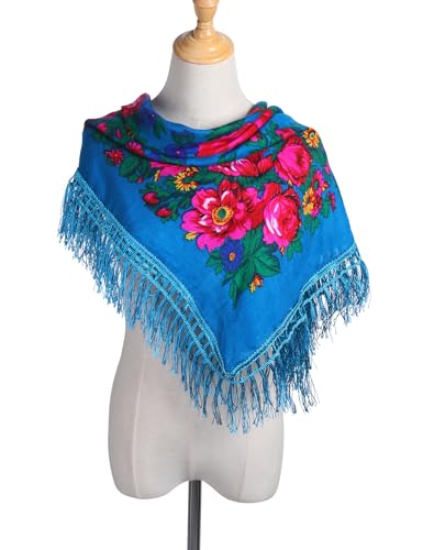 MJ SERECA Acrylic Bandana Printed Hair Scarf Square Ukrainian Head Scarf Floral Babushka Neck Scarf for Women 30"/42"/60" - color: Blue With Tassel
