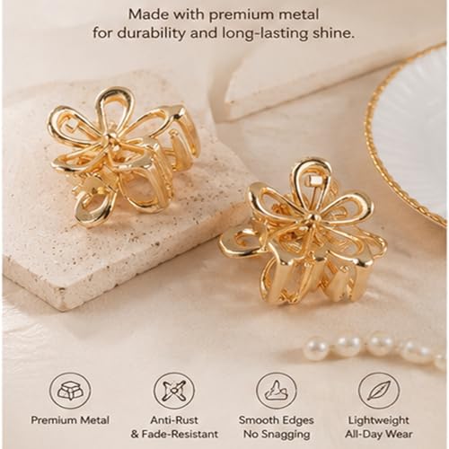 Gold Small Flower Hair Clips for Women, Cute Mini Tiny Little Sparkling Metal Flower Sweet Artificial Bangs Nonslip Hair Claw Clips Decorative (Gold) - color: Gold