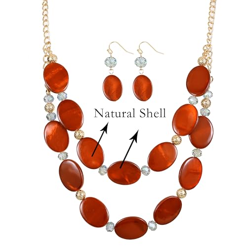 2 Layered Chunky Beaded Shell Necklace for Women Sea Shell blue/yellow/red/green/turquoise/teal/white Statement Necklace and Earring Set Elegant Women Necklace Set Jewelry Sets for Women - color: burnt orange