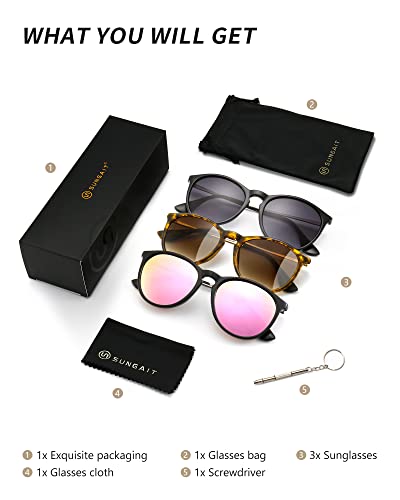 SUNGAIT Premium Vintage Round Sunglasses for Women Men Classic Retro Trendy Style - color: 3 Pack (Polarized): Matte Amber/Brown Gradient+matte Black/Gray Gradient+glossy Black/Sakura Pink