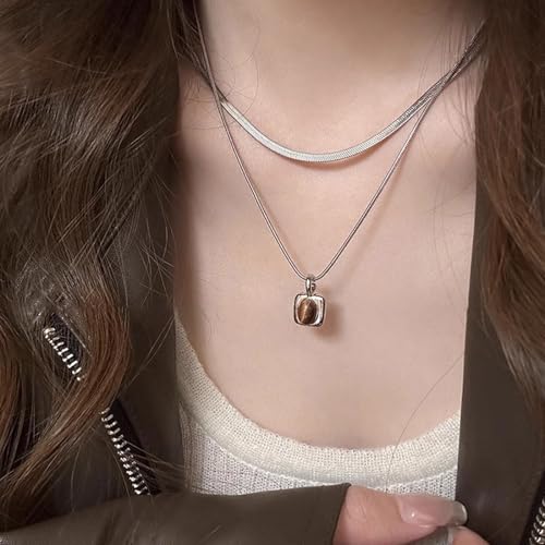 Gold Necklaces for Women Gifts - 14K Gold Plated Necklace for Women Necklaces for Her Tiny Fashion Jewelry for Teens，for Women Friends Jewelry Gifts，Necklace Gold Jewelry Birthday Gifts - style: Double layered tiger eye stone pendant necklace