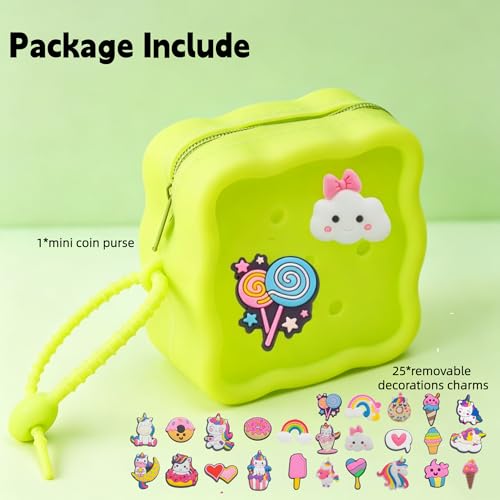 Soft Silicone Zipper Coin Purse Lovely Cartoon Hole Design Miniature Wallet Children's Storage Pouches Organizers For Kid with 25pcs DIY Charms (Grass Green) - color: Grass Green