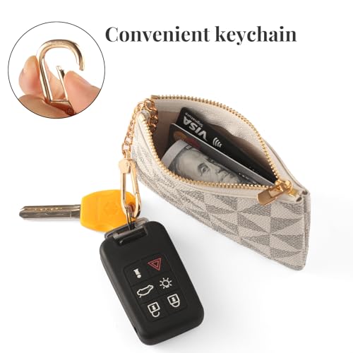 Leather Coin Purse for Women with KeyChain Small Zipper Change Purse coin Pouch Card Holder Wallet Clutch for Women & Men (White) - color: White