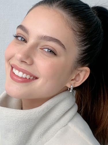 Small Hoop Earrings for Women Glitter Hoops Gold Plated with 925 Sterling Silver Post - style: Silver-square