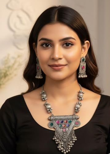 Designer Statement Afghani Antique Oxidised Silver Indian Party Ethnic Tassel Ghungroo Bells Tribal Gypsy Necklace Jewelry Set Women