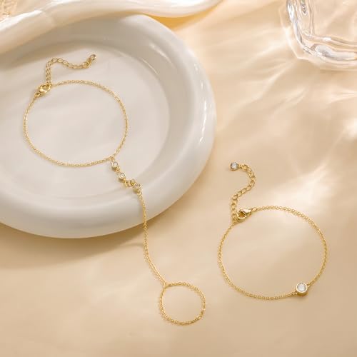 Risamil 14K Gold Plated Hand Chain Bracelets for Women Trendy, Dainty 2PCS Ring Bracelet Hand Chain Finger Bracelets Layered Stackable Link Bracelets for Women Jewelry Gifts for Women - color: 2Pcs-CZ-Gold
