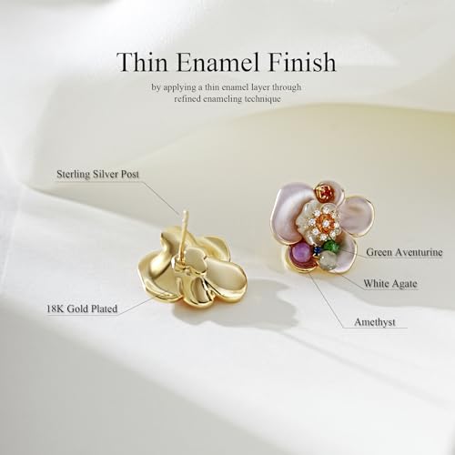 Pink Flower Earrings for Women, 925 Sterling Silver Stud Earrings, Cute Plumeria Earrings For Women, Cherry Blossom Hypoallergenic Stud - color: Colorful Plum Blossom