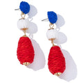 Boho Raffia Earrings Statement Dangle Earrings Cute Teardrop Ball Earrings Colorful Summer Jewelry Handmade Rattan Earrings for Women - color: Red/White/Blue