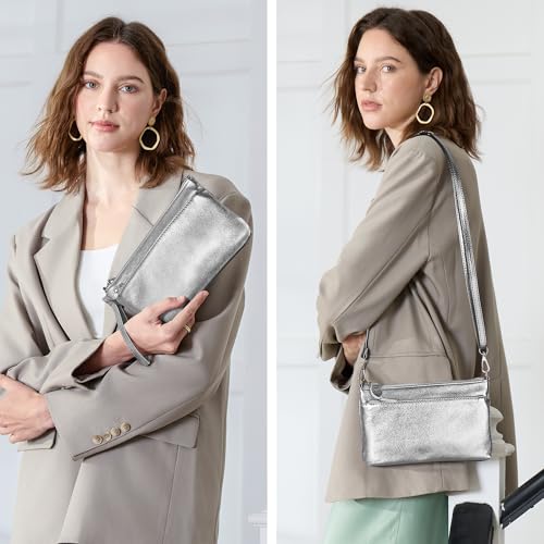 befen Genuine Leather Wristlet Clutch Wallet Purses with RFID Blocking, Small Crossbody Bags Shoulder Handbag for Women - color: Silver