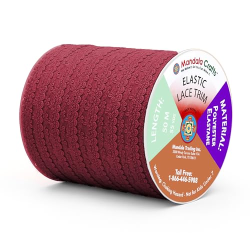 Mandala Crafts Maroon Stretch Lace Soft Elastic Trim Roll - 55 Yards 1 Inch Wide Stretchy Frilly Picot Ribbon for Sewing Lingerie, Headbands, Underwear, and Crafts - color: Maroon