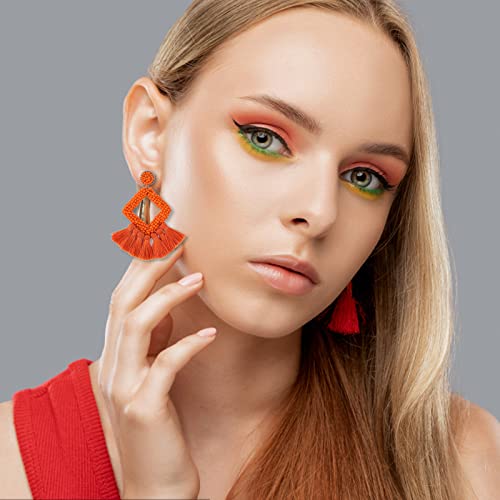 Long Tassel Earrings Statement Bohemian Pom Ball Handmade Drop Dangle Earrings for Women - style: S-Orange