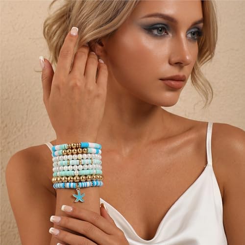 GOOJIDS Surfer Heishi Clay Bead Bracelets for Women Bohemian Stackable Gold Plated Beaded Stretch Bracelets Elastic Layering Friendship Bracelets Set Boho Jewelry - color: B-Blue Starfish Set