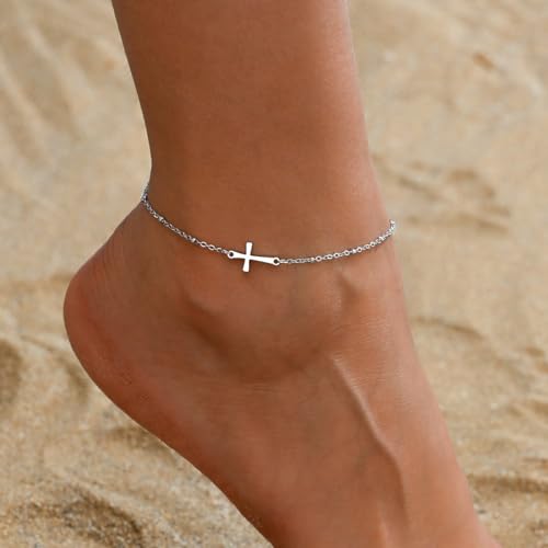 Cross Anklets for Women, 18K Gold Plated Dainty Ankle Bracelets with Colorful Beads Pearl Anklet, Adjustable Religious Christian Satellite Cross Chain, Waterproof Boho Summer Beach Jewelry - style: Satellite Cross-White Gold