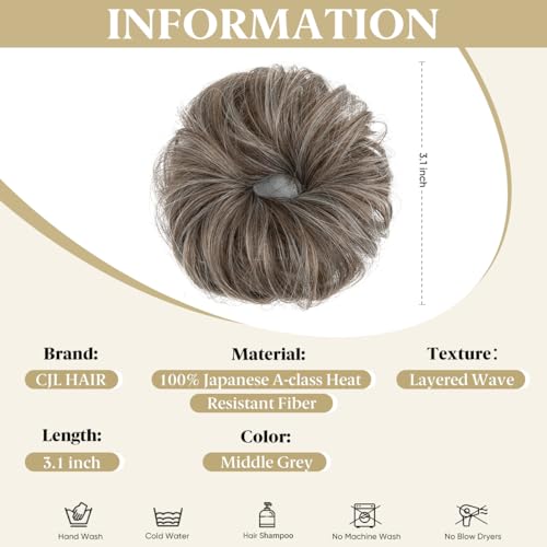 CJL HAIR 2PCs Small Cute Messy Bun Hair Piece for Thin Hair Women Mini Synthetic Curly Bun Scrunchies Updo Hairpieces Middle Grey - color: 2PCS-Middle Grey