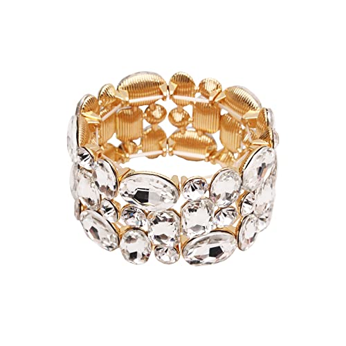 Women’s Wedding Bridal Crystal Leaf Flower Stretch Bangle Elastic Wide Bracelet Jewelry for Brides Bridesmaid - color: White-Gold Plated
