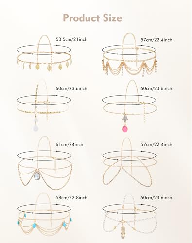 Dizila 8 Pieces Gold Head Chains with Leaf Bead Rhinestone Tassel Festival Prom Wedding Bridal Jewelry Boho Headbands Forehead Chains Headwear Headpieces for Women Girls