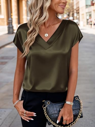 Zeagoo Women Silk Satin Tops Cap Short Sleeve Blouse V Neck Shirts Business Casual Outfits S-2XL - color: Army Green, size: Medium