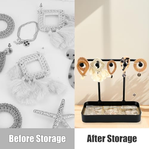 Jewelry Organizer Stand, Necklace Holder with Wooden Tray 5 Storage Hooks, Earring Holder with 5 Pcs Jewelry Bags for Bracelet,Chains,Rings,Earrings,Keys Watches,Necklaces (Black) - color: BLACK