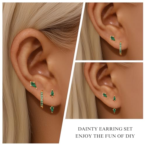 GEORGE · SMITH Stackable Kite Stud Earrings Set for Women, Gold & Silver Huggie Birthstone Jewelry with Emerald Green & Blue Sapphire, Trendy Earrings for Women 2025 - color: green and gold kite stud