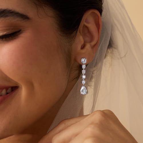 Teardrop Cubic Zirconia Dangle Earrings for Women 925 Silver Post Gold Plated Bridal Jewelry for Wedding Bride Bridesmaid Prom Pageant - color: White Gold