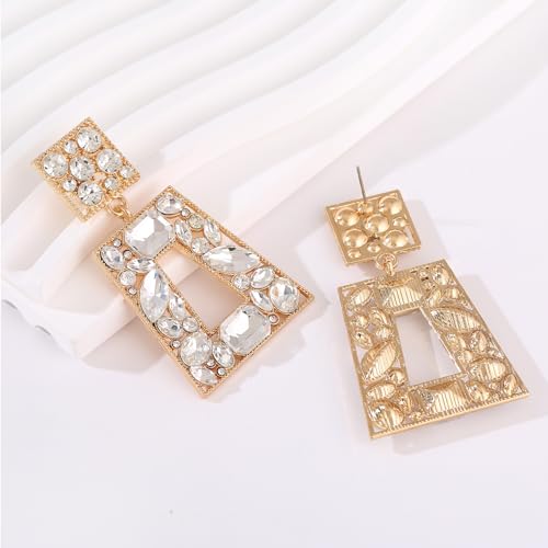 Rhinestone Rectangle Statement Earrings Colorful Crystal Geometric Drop Dangle Earrings for Women Prom Party - color: Clear