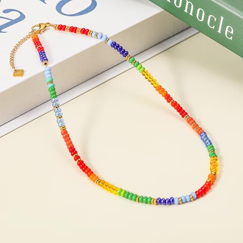 Wellike Freshwater Pearl Beaded Necklace for Women Handmade Boho Colorful Glass Beads Choker Necklace Stainless Steel 18K Gold Plated Bohemian Women Summer Jewelry Gifts - color: KKWX022