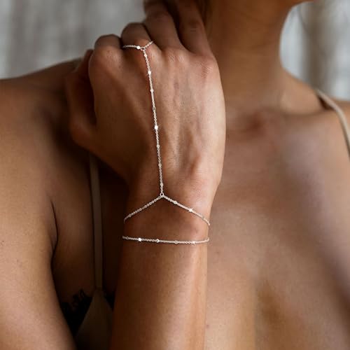 Hand Chain Bracelet for Women Trendy, Dainty Silver Beaded Finger Ring Bracelet Non Tarnish Minimalist Adjustable Simple Cute Silver Bracelets Waterproof Fashion Jewelry - color: Silver-04