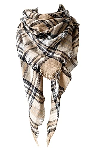 Wander Agio Womens Warm Long Shawl Winter Wraps Large Scarves Knit Cashmere Feel Plaid Triangle Scarf - color: Plaid White Camel 33