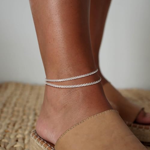 Ankle Bracelets for Women, 14K Gold Anklets for Women Waterproof Cuban Link Chain Layered Anklet Set Gold Ankle Bracelets for Women Summer Beach Foot Jewelry Gifts - color: 2 Silver with Zircon Chain