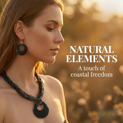 Coiris Multi Strand Statement Colorful Beaded Necklace with Big Circle Shell Pendant for Women - color: Black