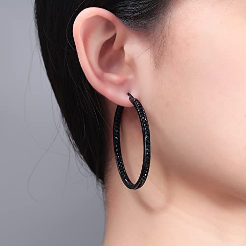 CiNily Mult-colors Crystal Stainless Steel Hoop Earring for Women Hypoallergenic Jewelry for Sensitive Ears Large Big Hoop Earrings 2" - color: All Black